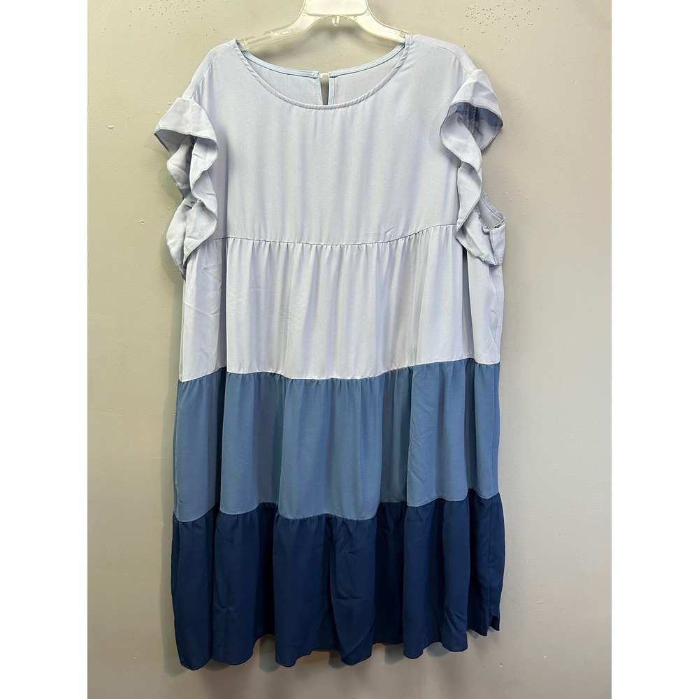 Tiered Ruffle Sleeve Dress in Light Blue and Navy
